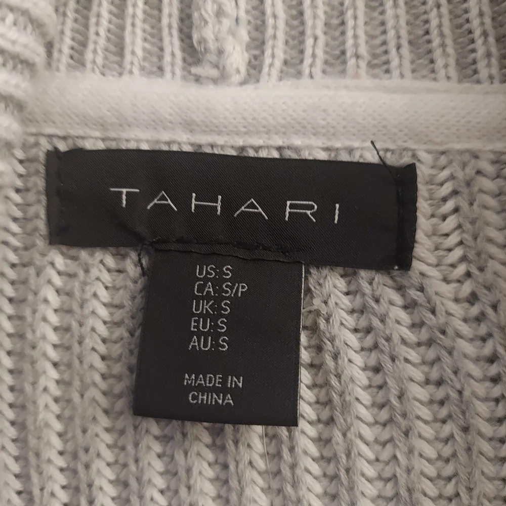 TAHARI Gray White Ribbed Knit Open Front Shawl Collar Cardigan S Warm Cozy